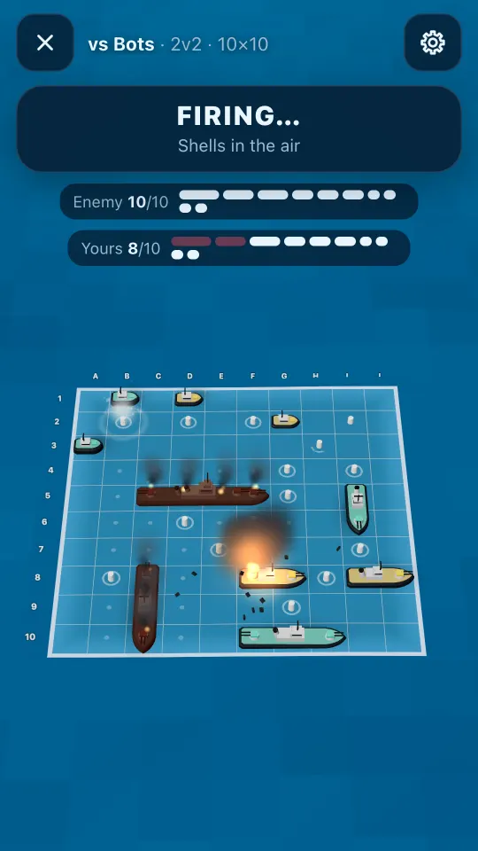 A 2v2 sea battle in a tilted 3D view: an enemy shell explodes on a yellow ship as wrecks smoke.