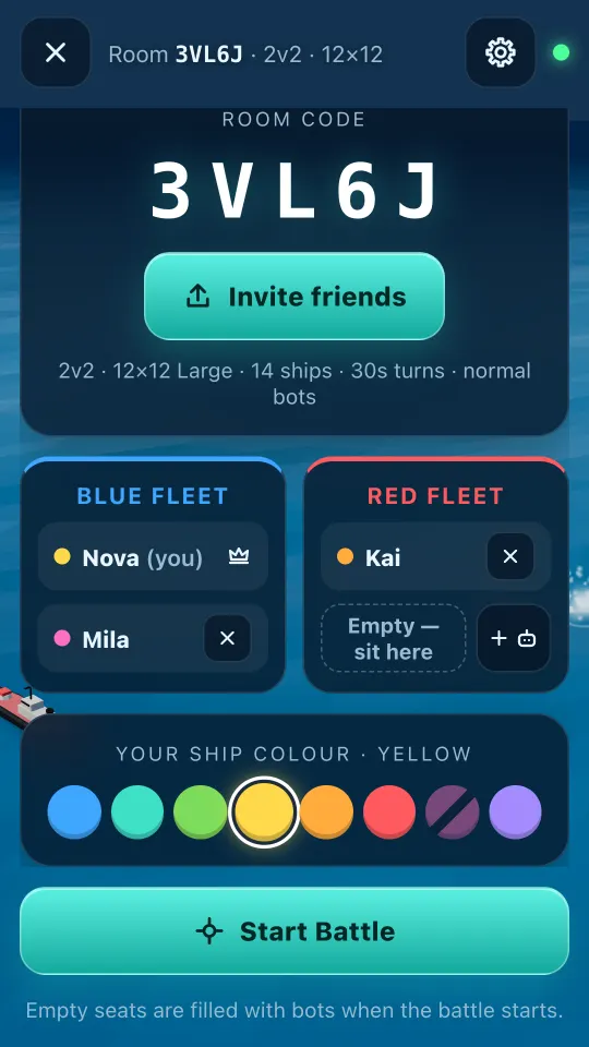 An online room with a room code, two friends on two teams and an empty seat.