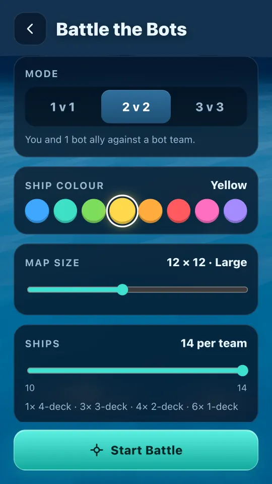 Setting up a game against bots: 2v2 mode, yellow ships, a 12 by 12 map and 14 ships.