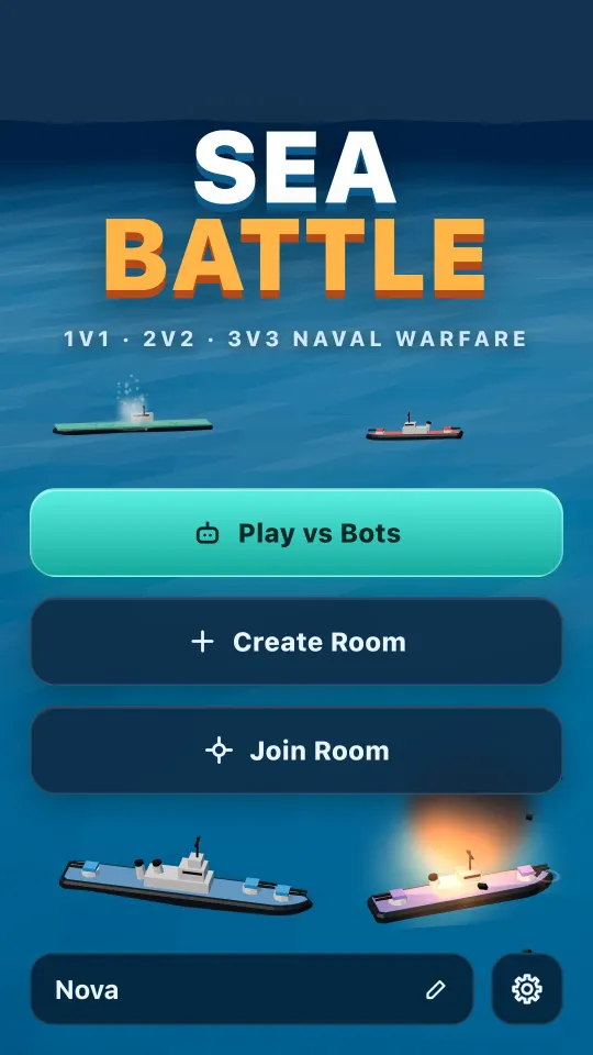 The home screen: Play vs Bots, Create Room and Join Room over a sea with warships.